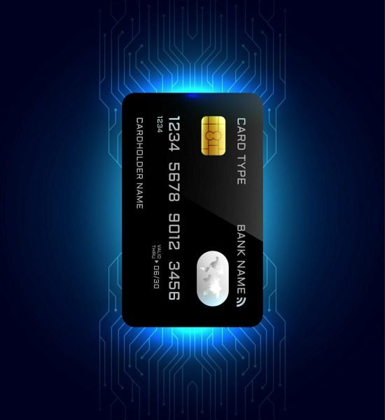 glowing credit card with circuit lines background
