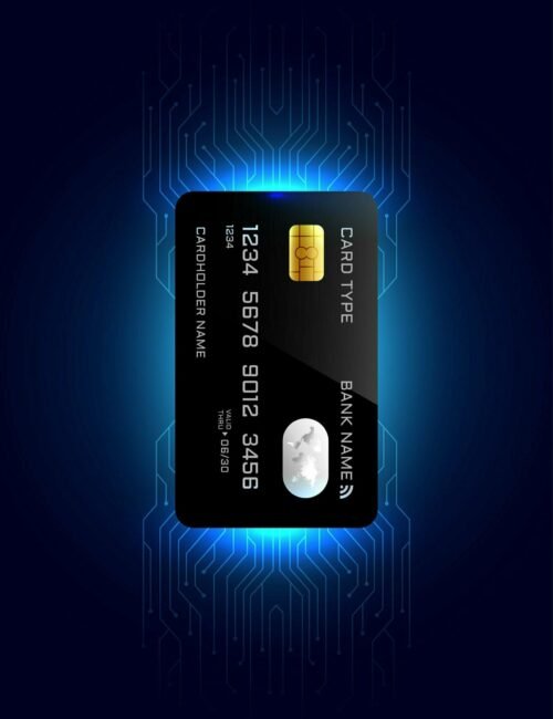 glowing credit card with circuit lines background